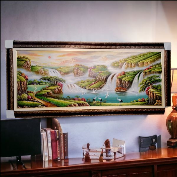 手繪油畫八方聚財開運聚寶盆高水流風水師推薦山水畫地理畫 手繪油畫八方聚財開運聚寶盆風水師推薦山水畫地理畫