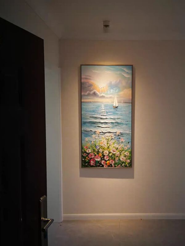 手繪油畫一帆風順迎光之海藝術掛畫裝飾畫買畫首選送禮自用 玄關 畫, 海 畫, 開運山水畫, 𤩹畫, 無掛畫, 帆船畫,新麗畫廊,買畫