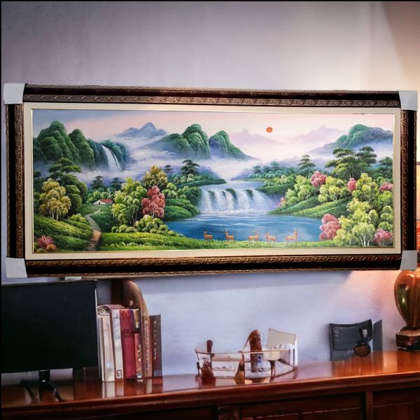 手繪油畫流水生財五鹿聚寶盆旭日東昇風水師推薦財位掛畫買畫首選 手繪油畫流水生財聚寶盆旭日東昇風水師推薦財位掛畫買畫首選