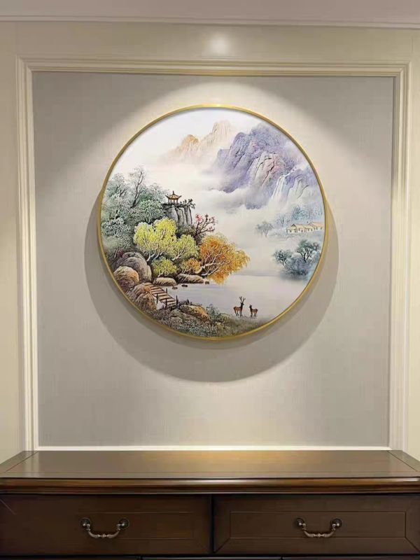 圓形手繪油畫招財雙祿山水畫風水畫客廳玄關藝術掛畫 圓形手繪油畫招財雙祿山水畫風水畫客廳玄關藝術掛畫