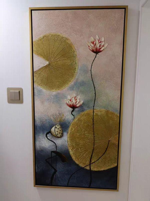 手繪油畫金箔荷葉蓮花立體肌理裝飾畫藝術掛畫送禮自用 手繪油畫金箔荷葉蓮花立體肌理裝飾畫藝術掛畫送禮自用