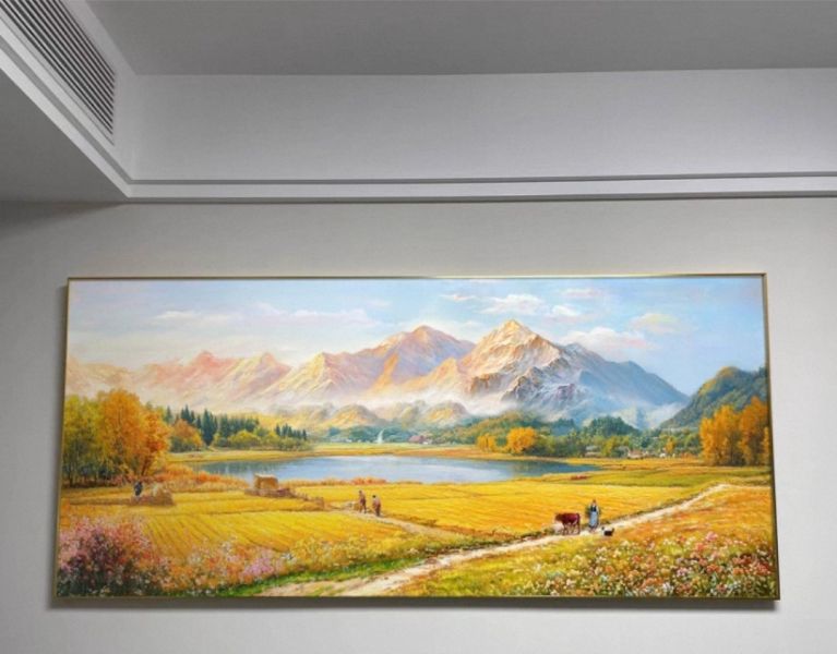 手繪油畫現代高級靠山黃金豐收聚財山水畫客廳沙發牆送禮自用買畫首選 客廳油畫, 風水圖, 油畫,黃金豐收,豐收圖,買畫,新麗畫廊