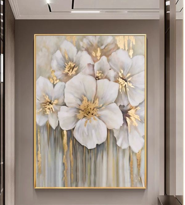 手繪油畫輕奢金箔花卉玄關客廳設計師最愛藝術掛畫 手繪油畫輕奢金箔花卉玄關客廳設計師最愛藝術掛畫