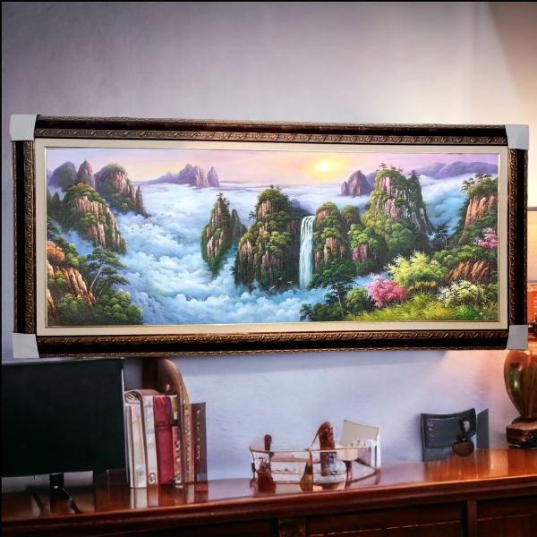 手繪油畫聚財位高山流水生財風水師推薦山水畫首選 手繪油畫聚財位高山流水生財風水師推薦山水畫首選