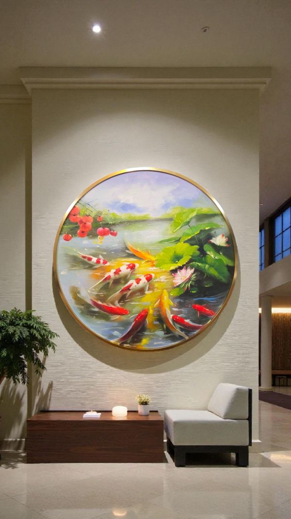 獨家圓形手繪油畫吉祥九如魚事事如意荷包滿滿風水畫買畫首選 如魚, 油畫 豐財藝術, 魚 開運, 掛畫,買畫,柿子畫,九如魚,油畫,新麗畫廊