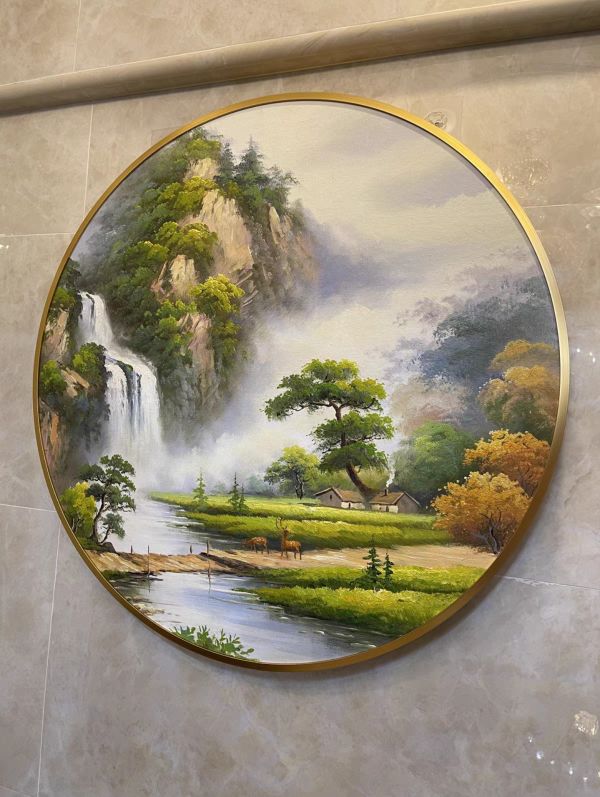 圓形手繪油畫流水生財山水畫財鹿聚財風水師推薦財位掛畫 圓形手繪油畫流水生財財鹿山水畫風水師推薦財位掛畫