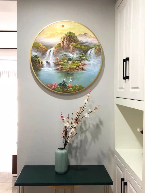 獨家圓形手繪油畫旭日東昇聚財山水畫送禮自用風水師推薦掛畫 發財樹畫, 黃金發財樹, 錦鯉畫, 招財開運畫, 手繪花卉畫, 鹿 畫, 開運招財掛畫, 買畫,新麗畫廊