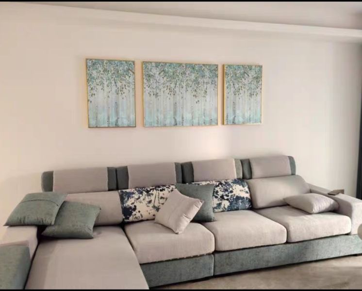 手繪三拼油畫典雅現代花海客廳沙發牆設計師最愛首選 油畫