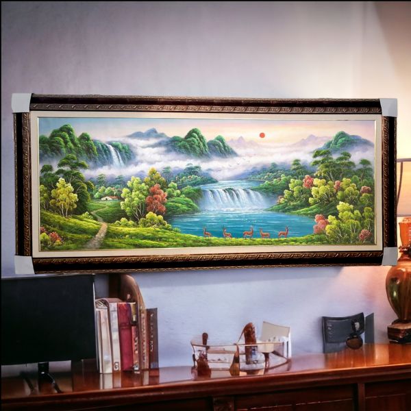 手繪油畫聚財五鹿財源廣進聚寶盆山水畫風水師推薦 手繪油畫聚財五鹿財源廣進聚寶盆山水畫風水師推薦