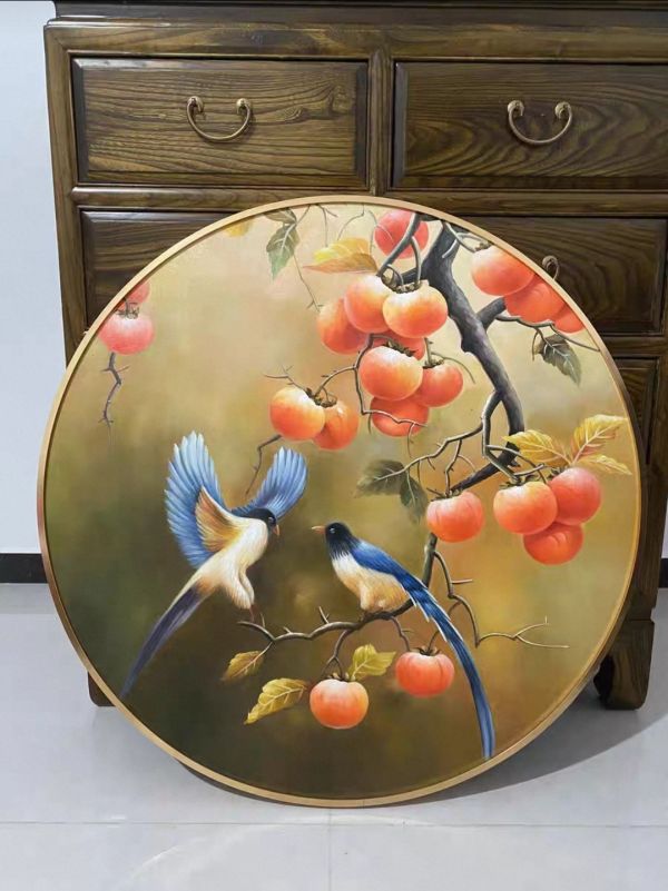 獨家圓形事事如意柿柿如意喜鵲風水畫好寓意客廳餐桌掛畫送禮自用買畫首選 掛畫, 油畫, 開運招財, 客廳掛畫, 招財, 開運, 風水畫,柿子畫,柿柿如意,買畫,新麗畫廊