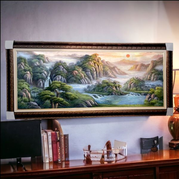 手繪油畫高訂山水畫旭日東昇聚寶盆風水師推薦掛畫 手繪油畫高訂山水畫旭日東昇聚寶盆風水師推薦掛畫
