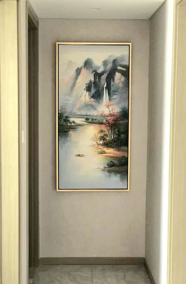 手繪油畫招財山水財源廣進風水師推薦財位掛畫左水流 手繪油畫招財山水財源廣進風水師推薦財位掛畫左水流