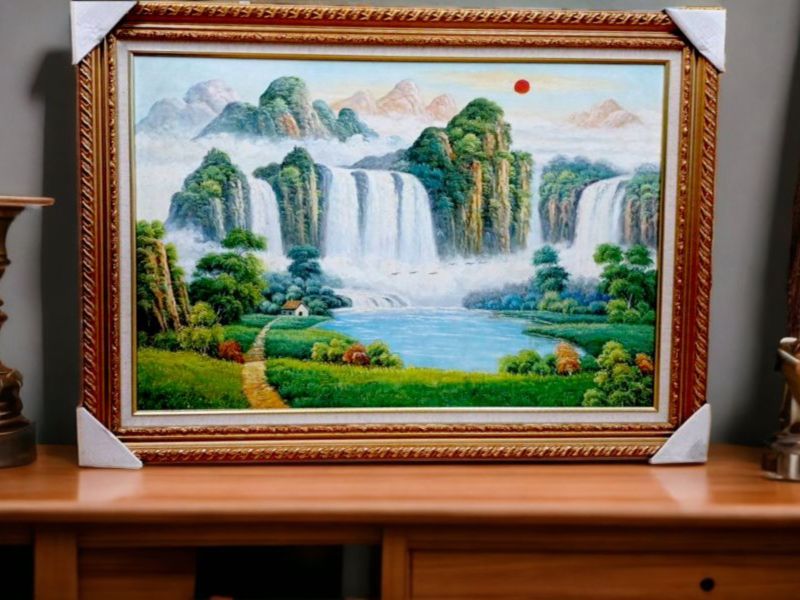 手繪油畫旭日東昇聚寶盆財位必備開運招財山水畫 手繪油畫旭日東昇聚寶盆財位必備開運招財山水畫