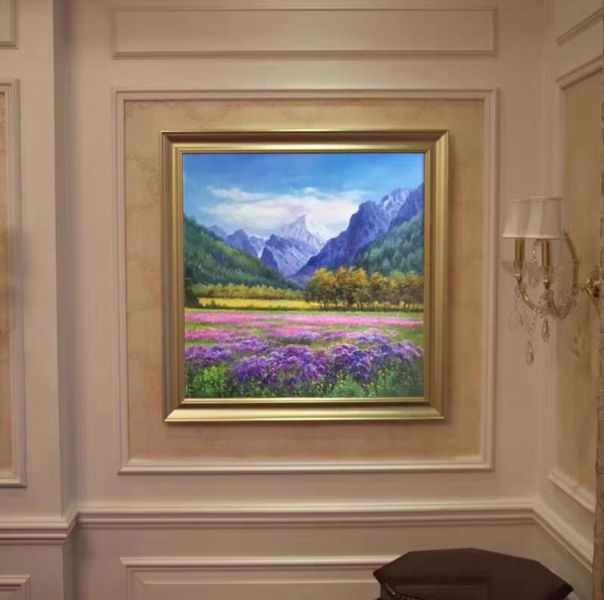 手繪油畫高檔薰衣草花田群山美景裝飾畫客廳沙發牆掛畫 手繪油畫薰衣草花田群山美景裝飾畫客廳沙發牆掛畫