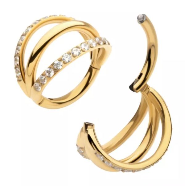 24K PVD-扇形三排鑽環 40en歐美耳飾,歐美耳環,14K耳環,不過敏耳環,歐美風格,19k純金,輕奢耳飾,實驗室培育鑽