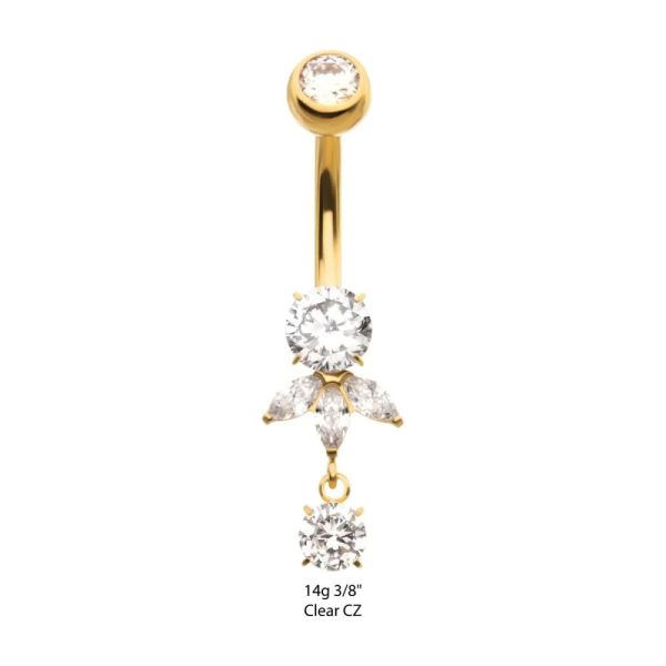 24K PVD-三葉垂吊CZ肚環 40en歐美耳飾,歐美耳環,14K耳環,不過敏耳環,歐美風格,39k純金,輕奢耳飾,實驗室培育鑽