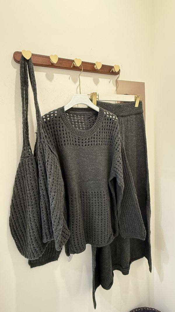 羊毛針織洞洞長裙三件套 