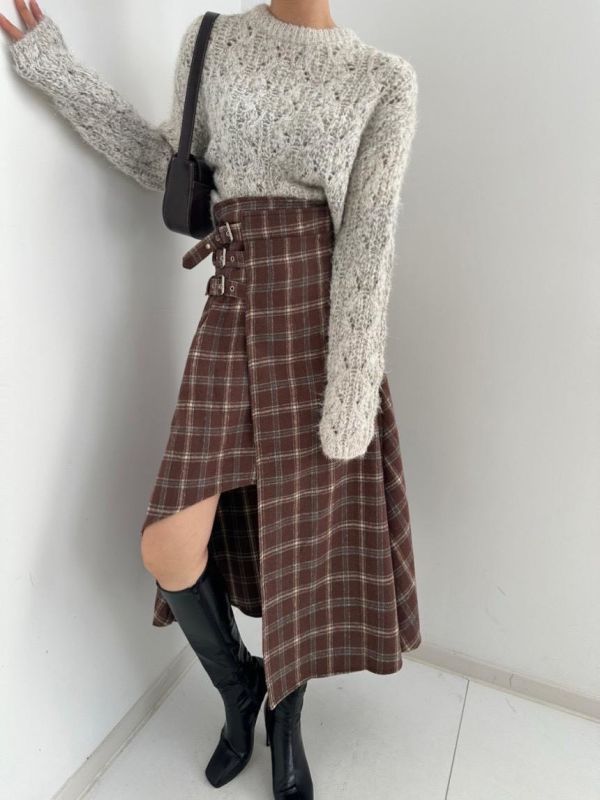 不規則設計格紋磨毛裙 