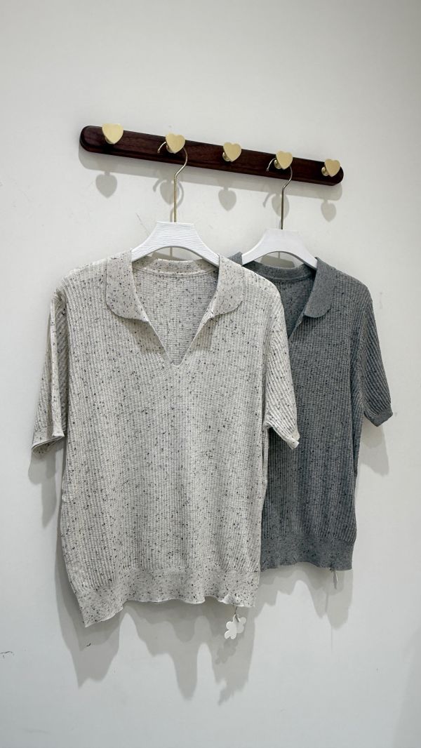 【花紗薄款翻領針織衫】 