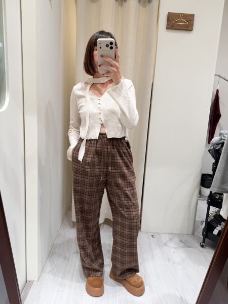 秋冬磨毛格子寬褲 