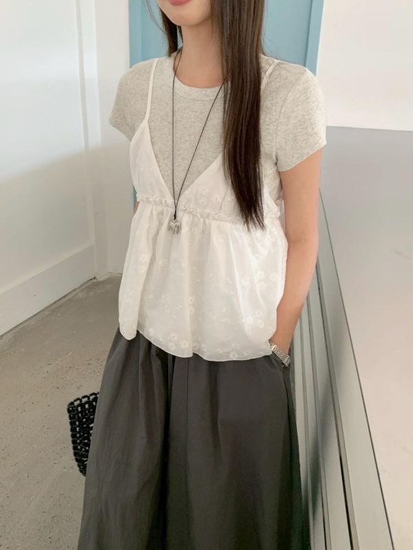 【棉麻刺繡花花吊帶兩件套組】 