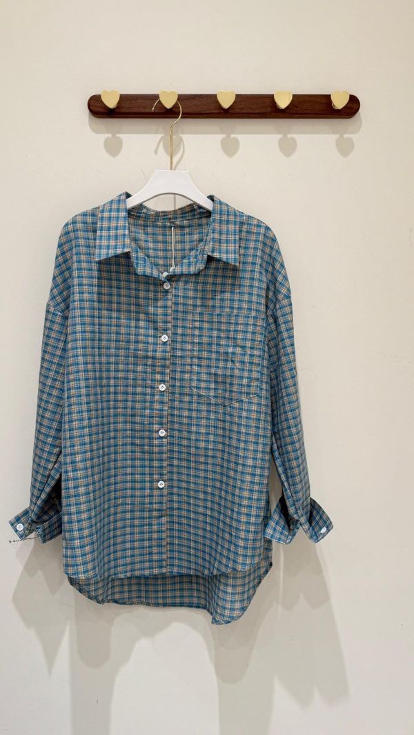 【黃藍格子薄長襯衫】 