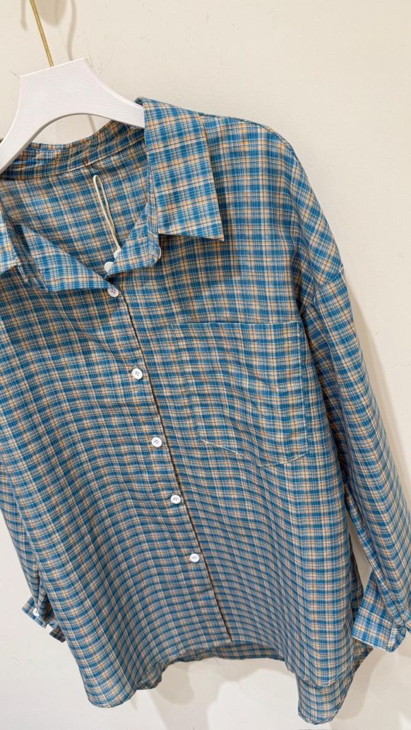 【黃藍格子薄長襯衫】 