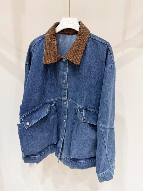 撞色翻領拼接丹寧外套 