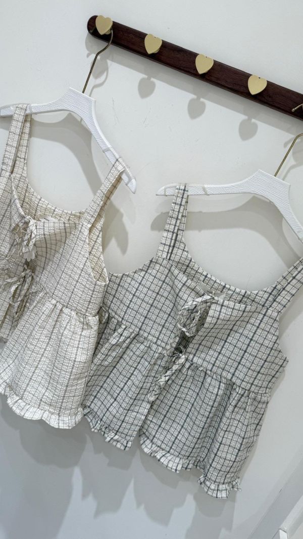 【雙綁帶格紋吊帶背心】 