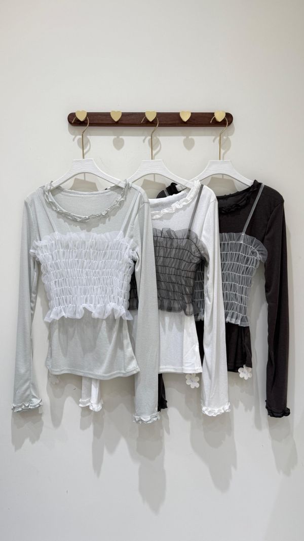 【兩件式層次網紗透膚上衣】 