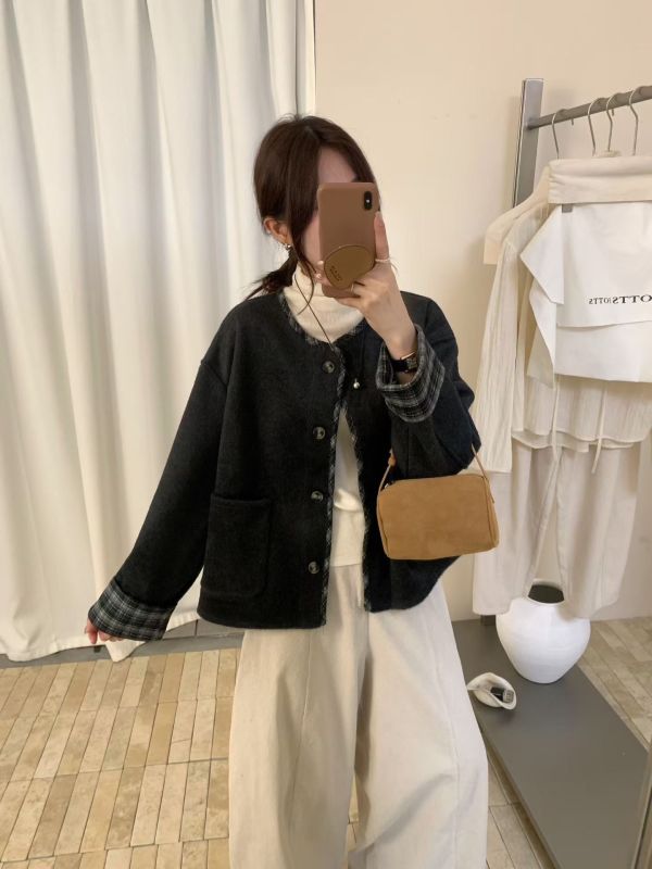 格紋拼接毛呢外套 