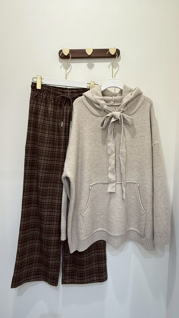 秋冬磨毛格子寬褲 