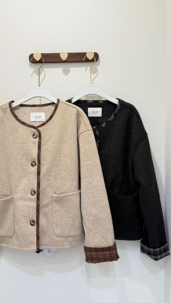 格紋拼接毛呢外套 