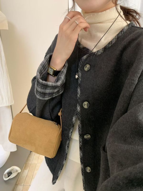 格紋拼接毛呢外套 