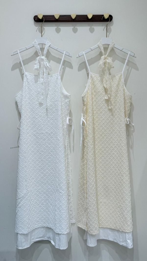 【拼接假兩件菱格吊帶洋裝】 