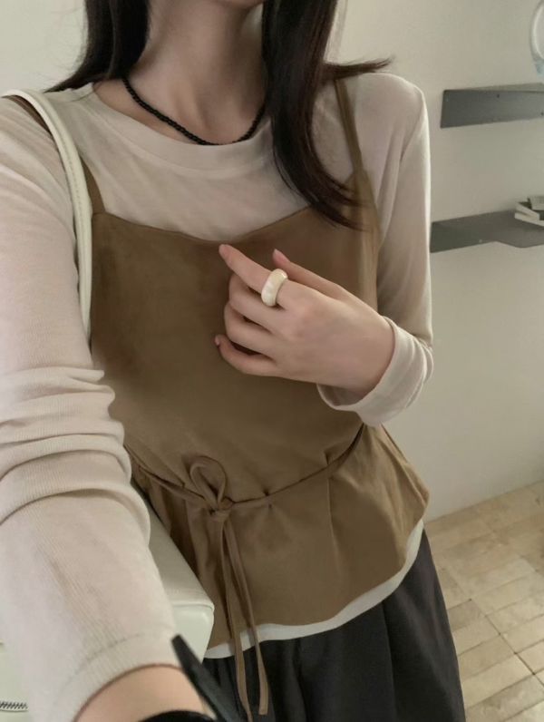 【麂皮吊帶綁帶上衣】 