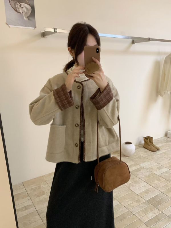 格紋拼接毛呢外套 