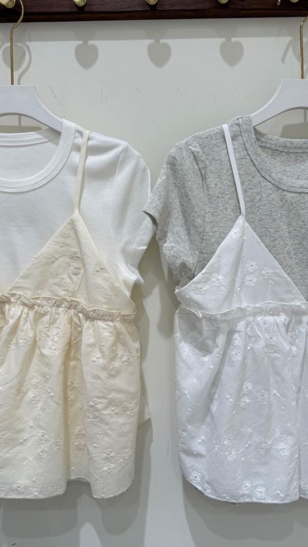 【棉麻刺繡花花吊帶兩件套組】 