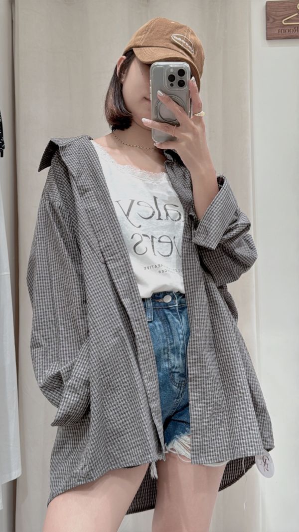 挺闊泡泡格紋長版襯衫 