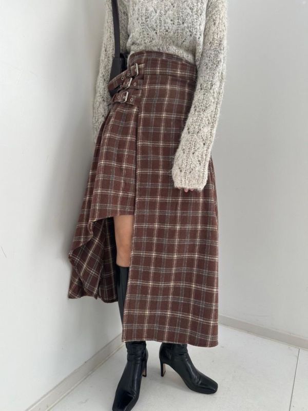 不規則設計格紋磨毛裙 