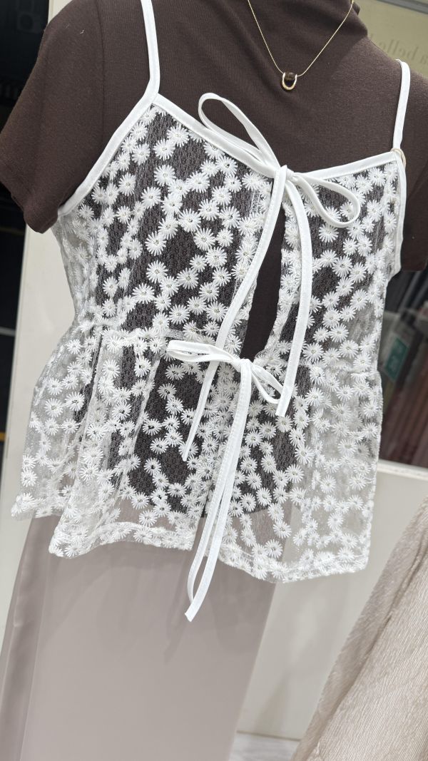 【刺繡小雛菊綁帶吊帶背心】 