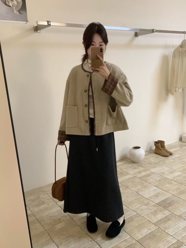 格紋拼接毛呢外套 