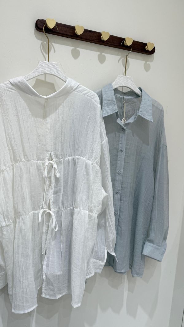 【皺皺後綁帶透透襯衫】 