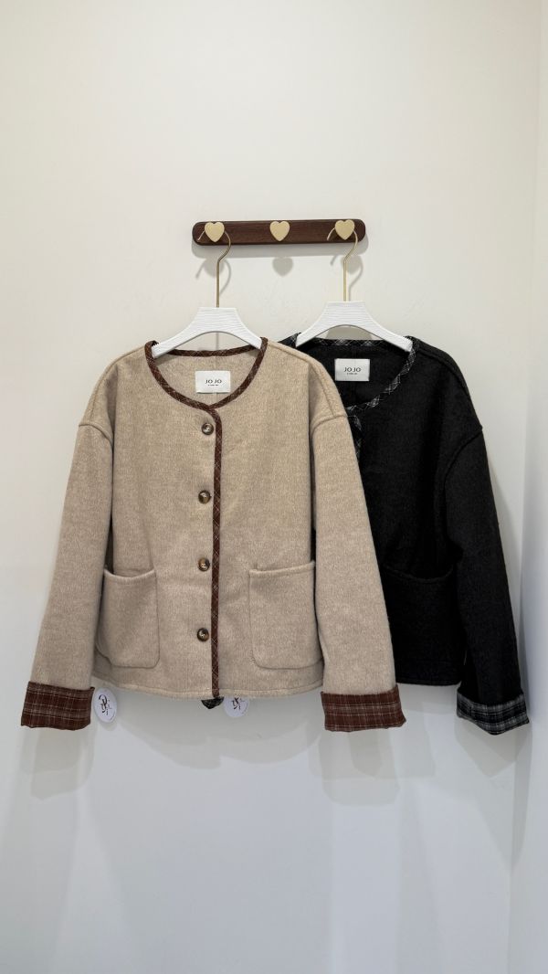 格紋拼接毛呢外套 