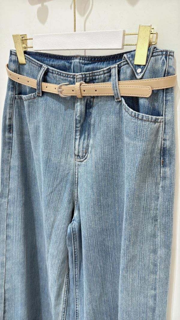 【條紋竹節牛仔寬褲】 