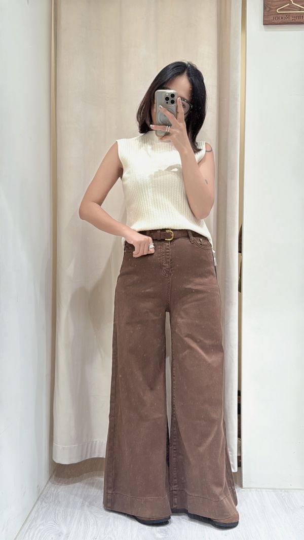 【麂皮皮帶寬喇叭牛仔褲】 