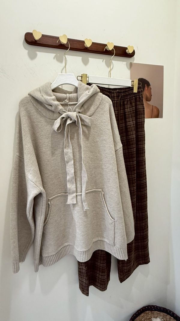 暖雲蝴蝶結連帽長針織 