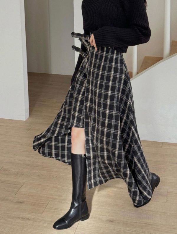 不規則設計格紋磨毛裙 