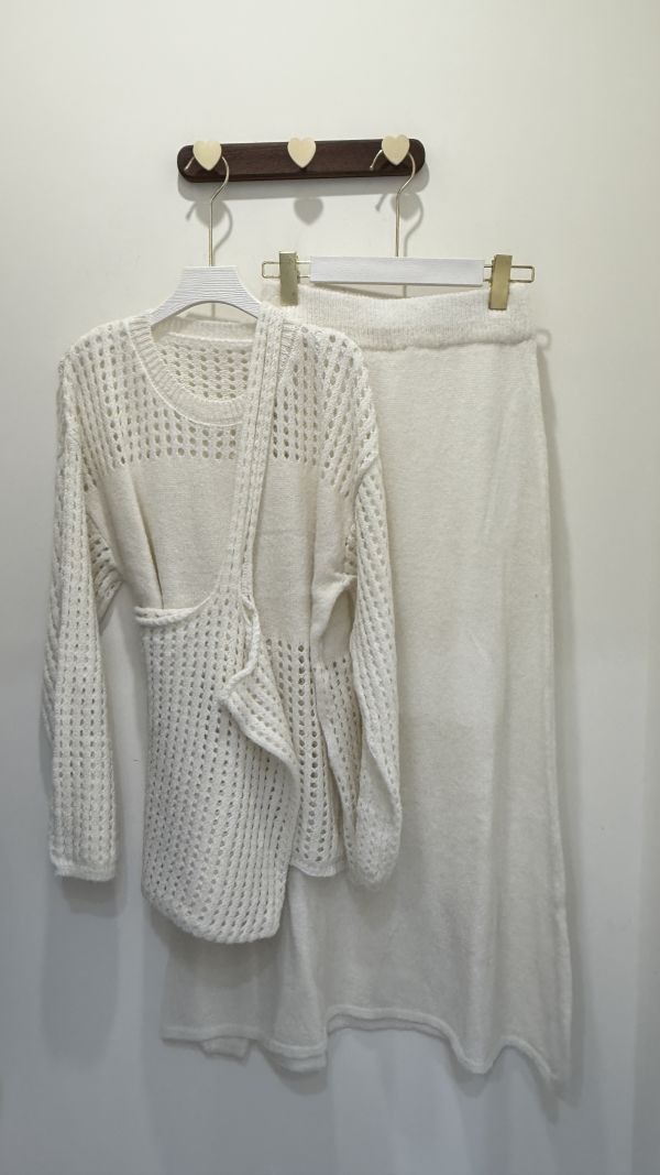 羊毛針織洞洞長裙三件套 