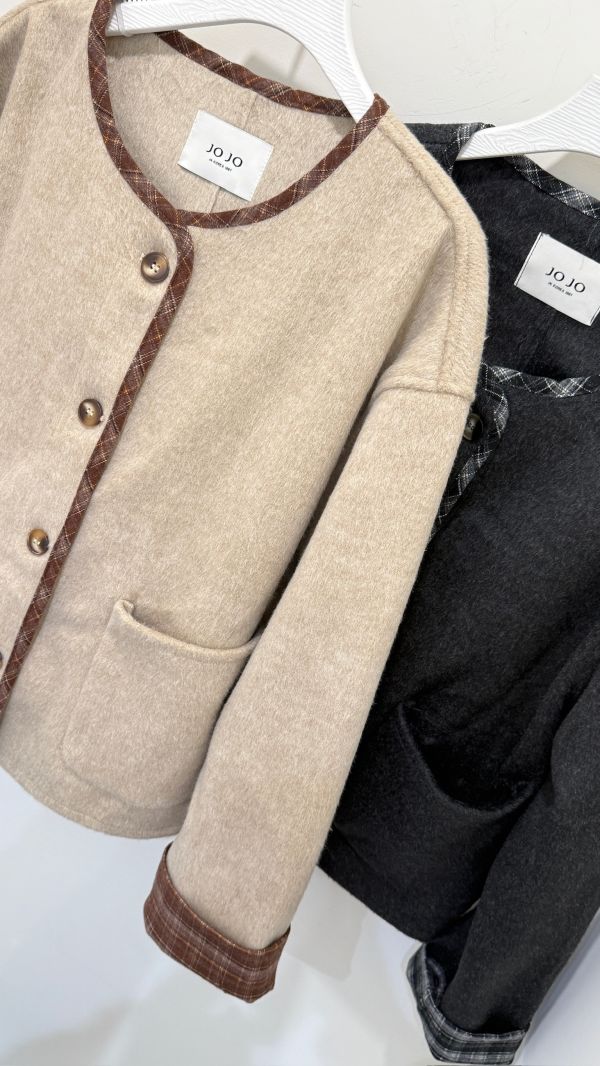 格紋拼接毛呢外套 